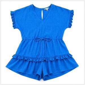 Umgee Blue Linen Blend Tiered Ruffle Romper V-Neck Drawstring A0244 Womens Small